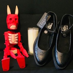 BLACK TUKSKIN™ FLOWER BALLET ANKLE STRAP CREEPER